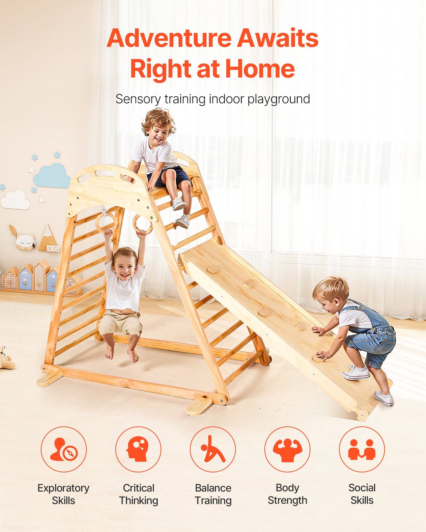 Indoor Playground Jungle Gym, 4-in-1 Wooden Indoor Playground Climbing Toys for Kids, Montessori Toddlers Climber Playset with Climbing Rock, Slide, Wooden Ladder & Gym Rings, 100KG Loading