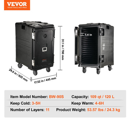 Insulated Food Pan Carrier, 120 L Hot Box for Catering, LLDPE Food Box Carrier with Double Buckles, Front Loading Food Warmer with Handles, End Loader with Wheels for Restaurant, Canteen, etc.