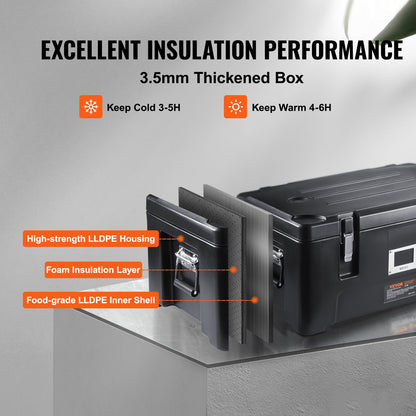 Isolerad matlåda, 36 liters kapacitet, stapelbar cateringvärmelåda med 3 rostfria stålpannor, toppmatad LLDPE-matvärmare med elastiska sidohandtag och spännen, för restaurangmatsal, svart