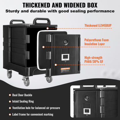 Insulated Food Pan Carrier, 81 Qt Hot Box for Catering, Food Box Carrier with Double Buckles, Front Loading Food Warmer with Handles, Stackable End Loader with Wheels for Restaurant, Canteen