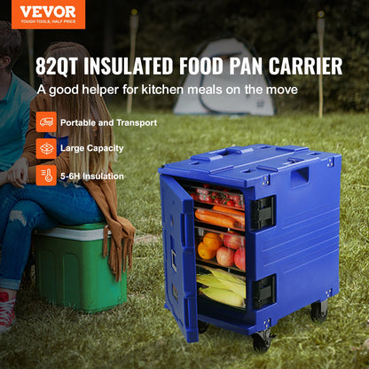 Insulated Food Pan Carrier, 82 Qt Hot Box for Catering, LLDPE Food Box Carrier with One-Piece Buckle, Front Loading Food Warmer with Handles, End Loader with Wheels for Restaurant, Canteen, etc.