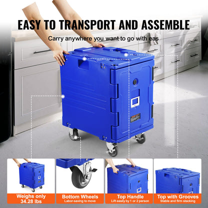 Insulated Food Pan Carrier, 82 Qt Hot Box for Catering, LLDPE Food Box Carrier with One-Piece Buckle, Front Loading Food Warmer with Handles, End Loader with Wheels for Restaurant, Canteen, etc.