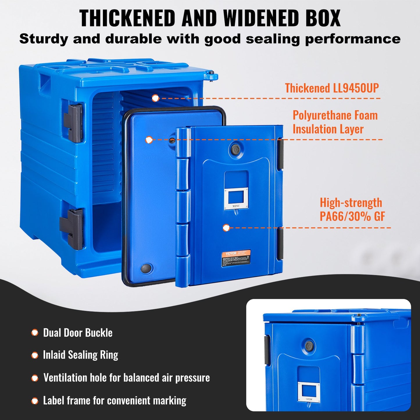 Insulated Food Pan Carrier, 95 Qt Hot Box for Catering, Food Box Carrier with Double Buckles, Front Loading Food Warmer with Handles, Stackable End Loader for Restaurant, Canteen