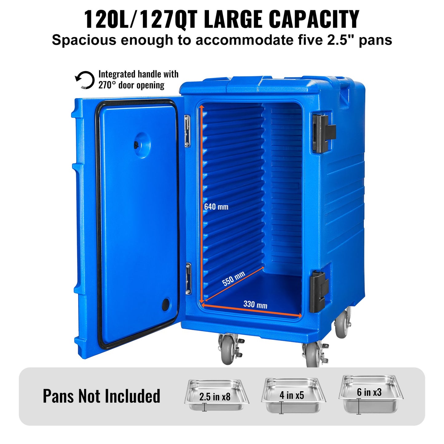 Isolerad matlåda, 127 qt värmelåda för catering, matlåda med dubbla spännen, frontmatad matvärmare med handtag, ändmatare med hjul för restaurang, kantin