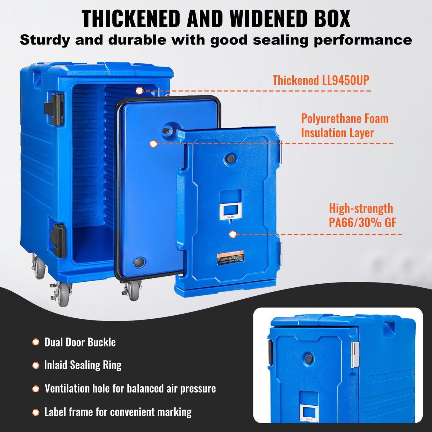 Isolerad matlåda, 127 qt värmelåda för catering, matlåda med dubbla spännen, frontmatad matvärmare med handtag, ändmatare med hjul för restaurang, kantin