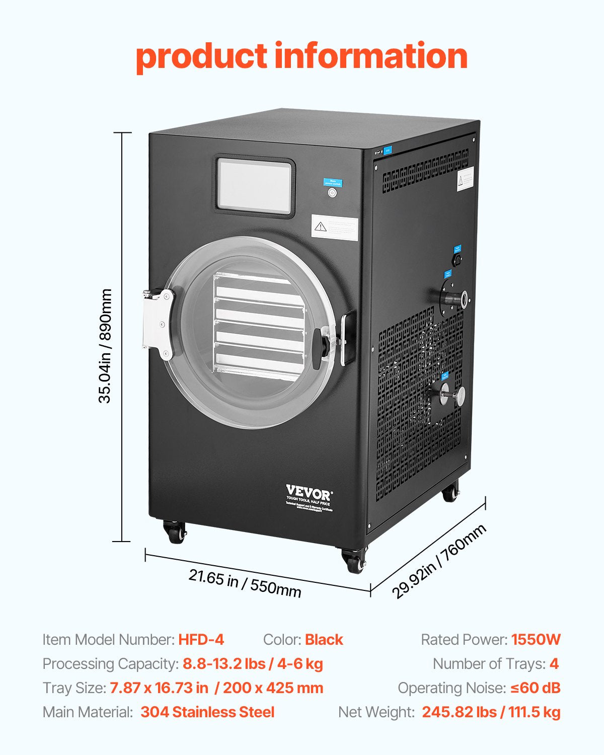 Vacuum Freeze Dryer Machine, 8.8-13.2 LBS/Batch Food Freeze Drying Machine with 4-Layer Trays, Vacuum Pump, Adjustable Timer and Temperature Control, for Fruits Vegetables Meat, Black