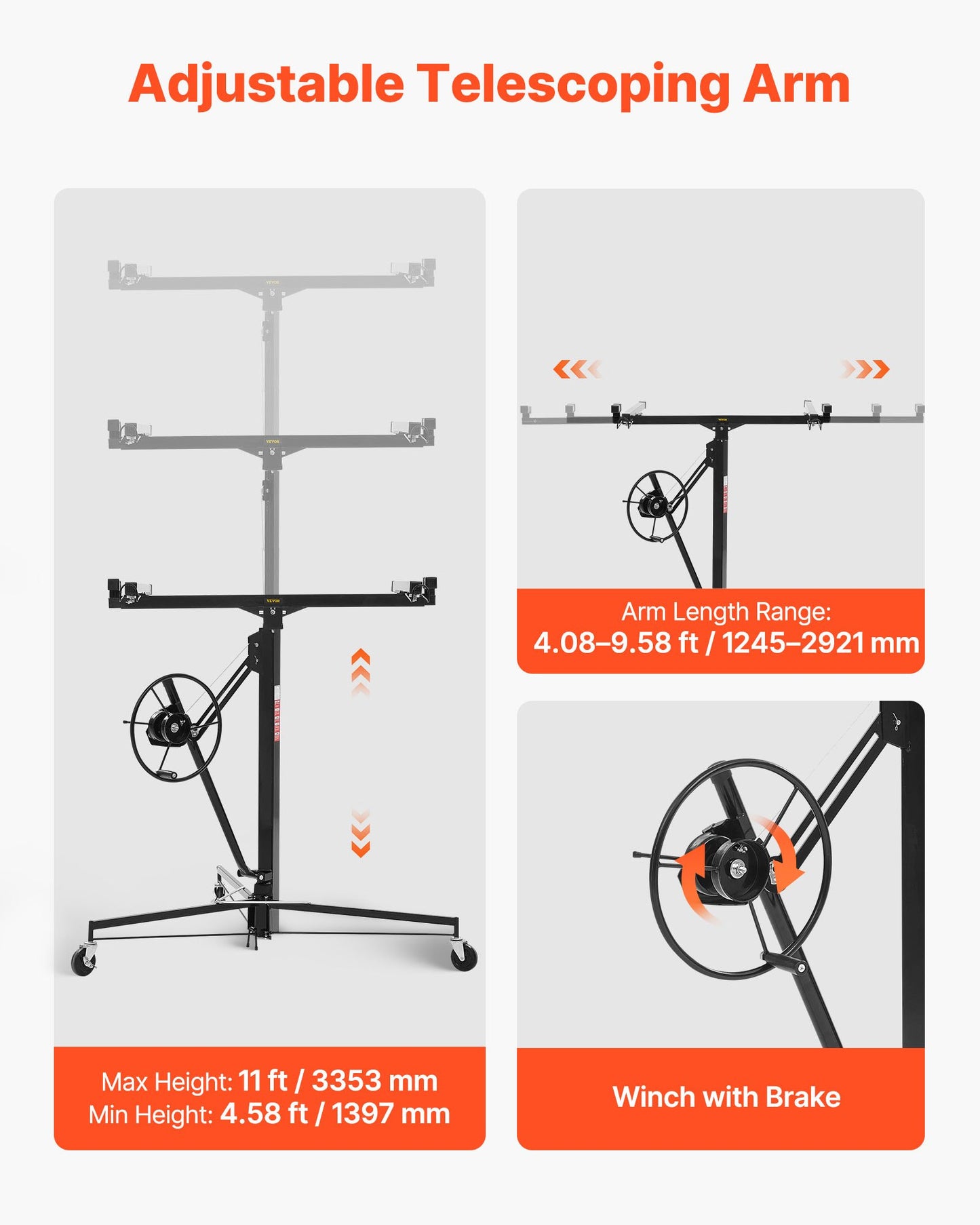 3353mm Drywall Lift, Heavy-Duty 68 kg Sheetrock Hoist with Adjustable Telescoping Arm, Lockable Wheels, Drywall Lifter Panel Jack Hoist Tools Ideal for Ceiling & Wall Installation (Black)