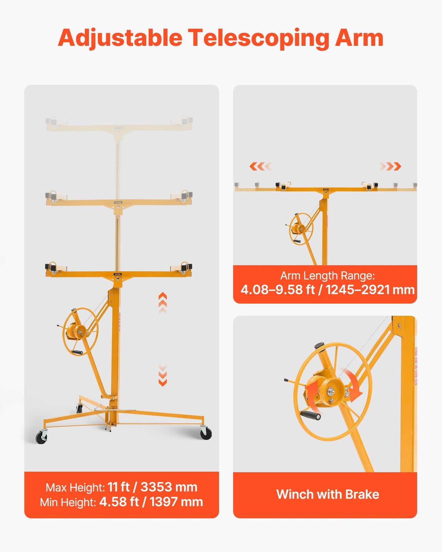 3353mm Drywall Lift, Heavy-Duty 68 kg Sheetrock Hoist with Adjustable Telescoping Arm, Lockable Wheels, Drywall Lifter Panel Jack Hoist Tools Ideal for Ceiling & Wall Installation (Yellow)
