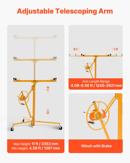 3353mm Drywall Lift, Heavy-Duty 68 kg Sheetrock Hoist with Adjustable Telescoping Arm, Lockable Wheels, Drywall Lifter Panel Jack Hoist Tools Ideal for Ceiling & Wall Installation (Yellow)