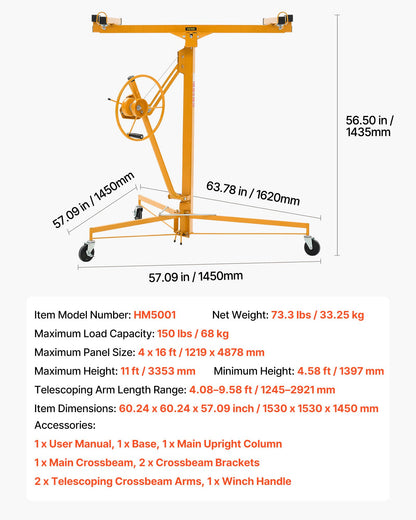 3353mm Drywall Lift, Heavy-Duty 68 kg Sheetrock Hoist with Adjustable Telescoping Arm, Lockable Wheels, Drywall Lifter Panel Jack Hoist Tools Ideal for Ceiling & Wall Installation (Yellow)