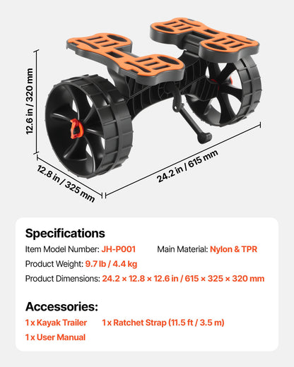 Kajakvagn, 136,1 kg lastkapacitet, hopfällbar kajakvagn med 25,4 cm massiva gummidäck och 1 spärrrem, paddelbrädevagn för att bära kajaker, kanoter, paddelbrädor, flytmattor, Jon Boats