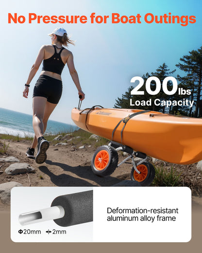 Kajakvagn, 90 kg lastkapacitet, hopfällbar kajakvagn med 25,4 cm massiva gummidäck och 1 spärrrem, paddelbrädevagn för att bära kajaker, kanoter, paddelbrädor, flytmattor, Jon Boats