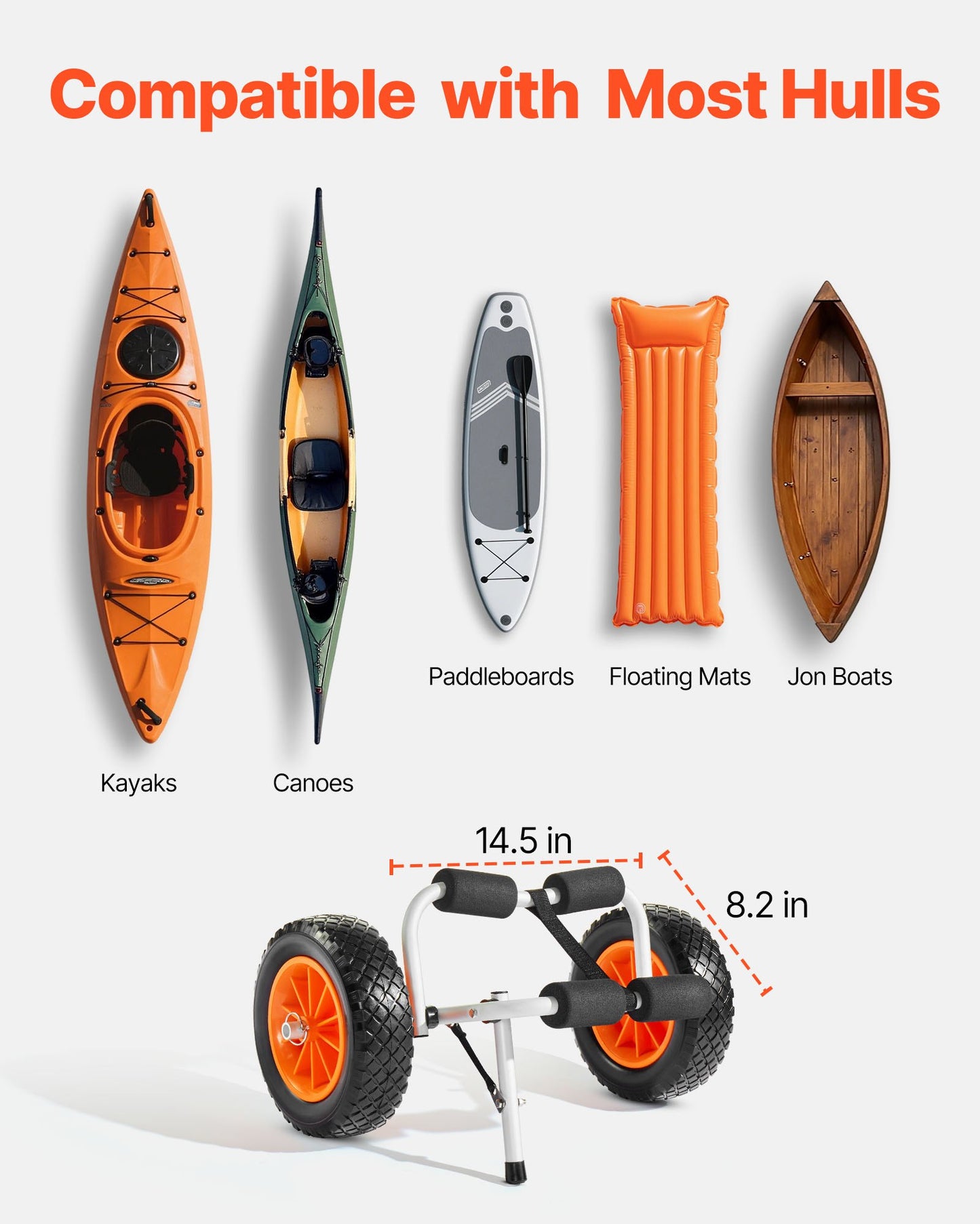 Kayak Cart, 90 kg Load Capacity, Foldable Kayak Trolley with 25.4 cm Solid Rubber Tires & 1 Ratchet Strap, Paddle Board Trolley for Carrying Kayaks, Canoes, Paddleboards, Float Mats, Jon Boats