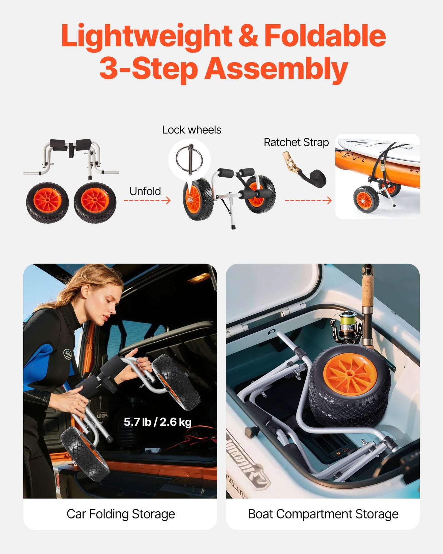 Kajakvagn, 90 kg lastkapacitet, hopfällbar kajakvagn med 25,4 cm massiva gummidäck och 1 spärrrem, paddelbrädevagn för att bära kajaker, kanoter, paddelbrädor, flytmattor, Jon Boats