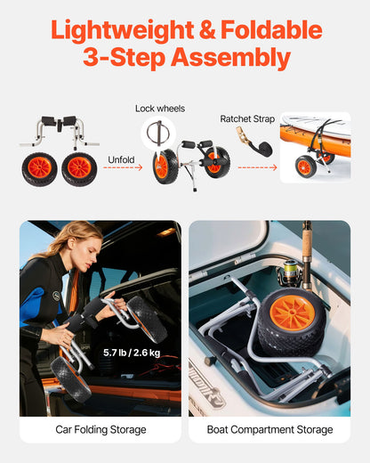 Kajakvagn, 90 kg lastkapacitet, hopfällbar kajakvagn med 25,4 cm massiva gummidäck och 1 spärrrem, paddelbrädevagn för att bära kajaker, kanoter, paddelbrädor, flytmattor, Jon Boats