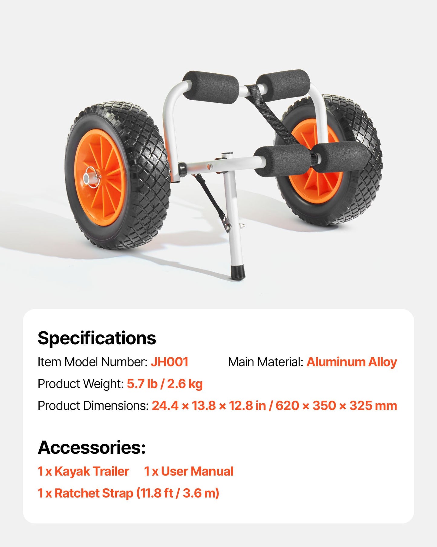 Kajakvagn, 90 kg lastkapacitet, hopfällbar kajakvagn med 25,4 cm massiva gummidäck och 1 spärrrem, paddelbrädevagn för att bära kajaker, kanoter, paddelbrädor, flytmattor, Jon Boats