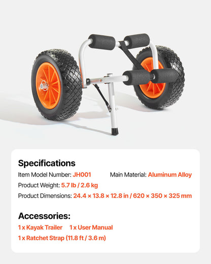 Kajakvagn, 90 kg lastkapacitet, hopfällbar kajakvagn med 25,4 cm massiva gummidäck och 1 spärrrem, paddelbrädevagn för att bära kajaker, kanoter, paddelbrädor, flytmattor, Jon Boats