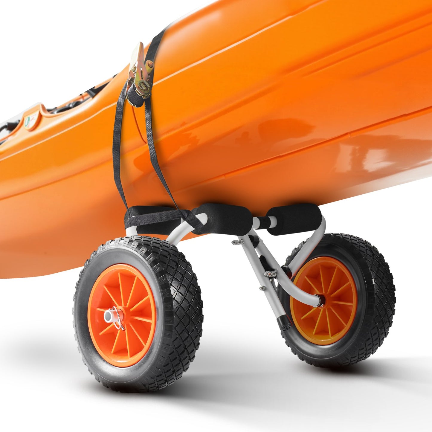 Kajakvagn, 90 kg lastkapacitet, hopfällbar kajakvagn med 25,4 cm massiva gummidäck och 1 spärrrem, paddelbrädevagn för att bära kajaker, kanoter, paddelbrädor, flytmattor, Jon Boats