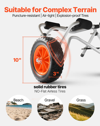 Kayak Cart, 113.4 kg Load Capacity, Foldable Kayak Trolley with 25.4 cm Solid Rubber Tires & 1 Ratchet Strap, Paddle Board Trolley for Carrying Kayaks, Canoes, Paddleboards, Float Mats,Jon Boats