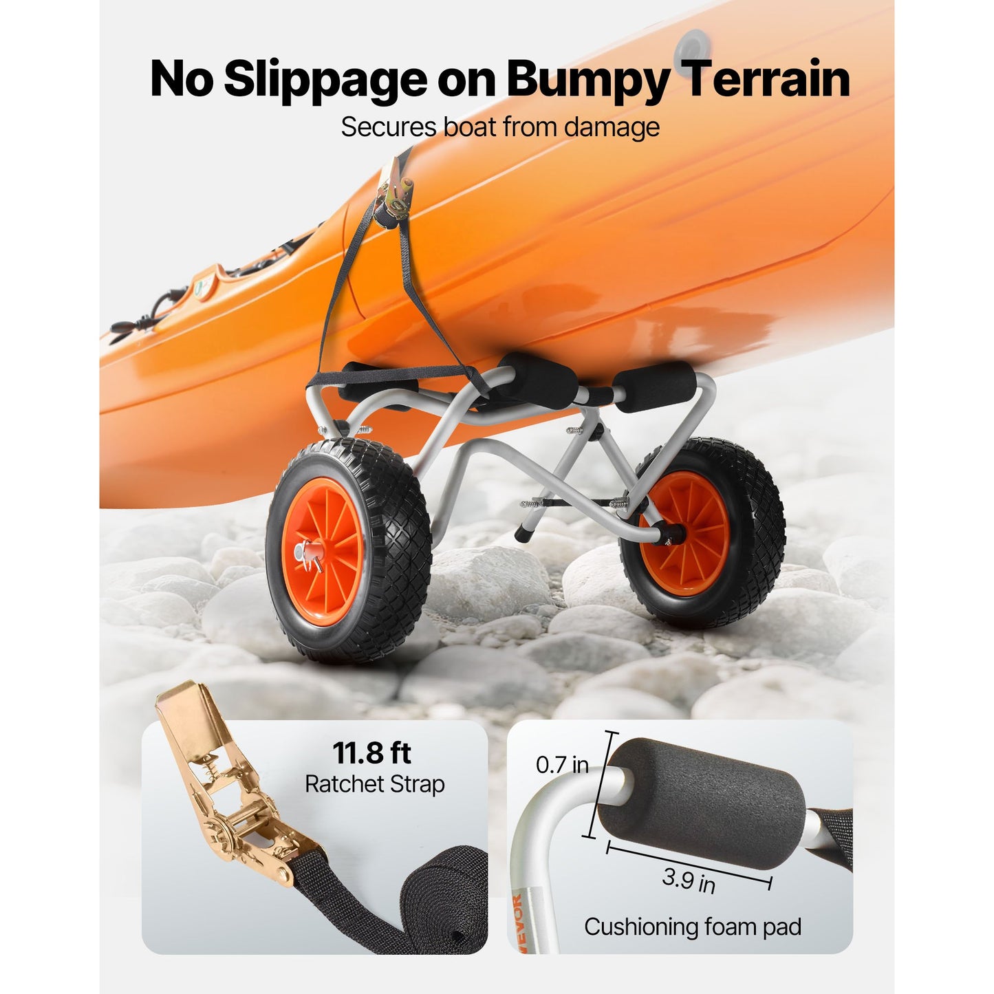 Kayak Cart, 113.4 kg Load Capacity, Foldable Kayak Trolley with 25.4 cm Solid Rubber Tires & 1 Ratchet Strap, Paddle Board Trolley for Carrying Kayaks, Canoes, Paddleboards, Float Mats,Jon Boats