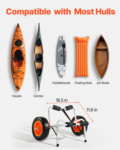 Kayak Cart, 113.4 kg Load Capacity, Foldable Kayak Trolley with 25.4 cm Solid Rubber Tires & 1 Ratchet Strap, Paddle Board Trolley for Carrying Kayaks, Canoes, Paddleboards, Float Mats,Jon Boats