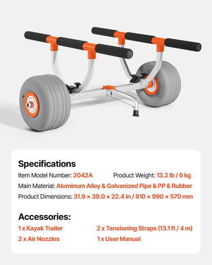 Kayak Cart, 158.8 kg Load Capacity, Kayak Trolley with 30.5 cm Inflatable PU Tires & 2 Straps, Assembles & Disassembles Within Seconds, Paddle Board Trolley for Carrying Kayaks and Canoes