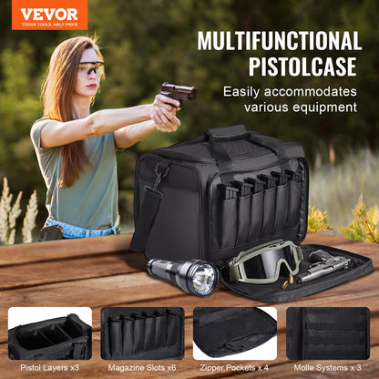 Range Bag for 3 Pistols, Tactical Gun Range Bag with 2 Detachable Baffles & 6 Magazines, Firearm Shooting Handgun Bag for Outdoor Hunting Pistol Bag with Single Shoulder Strip, Black