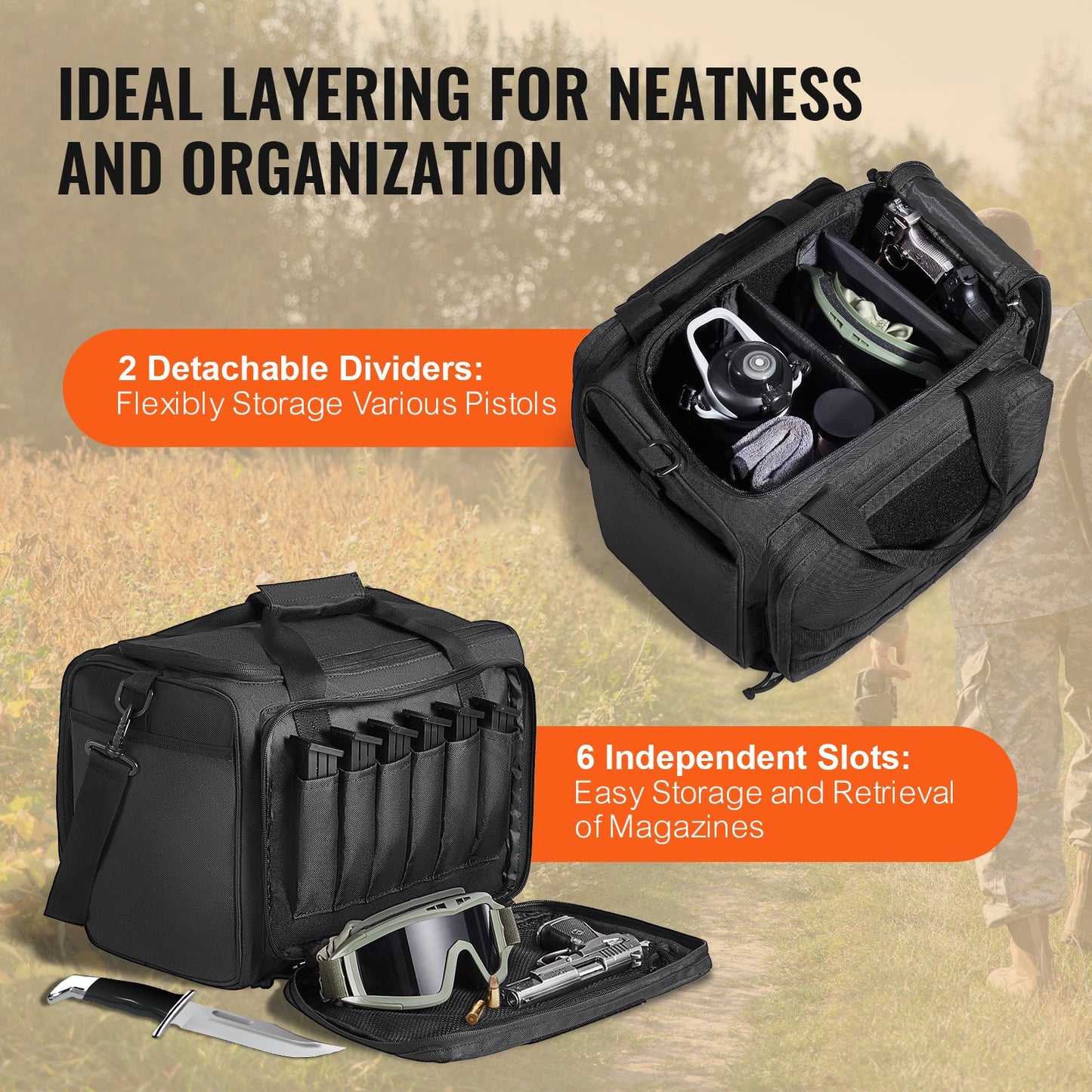 Range Bag for 3 Pistols, Tactical Gun Range Bag with 2 Detachable Baffles & 6 Magazines, Firearm Shooting Handgun Bag for Outdoor Hunting Pistol Bag with Single Shoulder Strip, Black