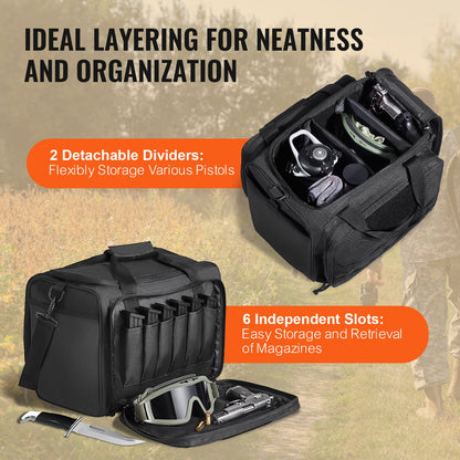 Skytteväska för 3 pistoler, taktisk skjutbana med 2 avtagbara bafflar och 6 magasin, skjutvapenväska för pistolskytte utomhusjakt pistolväska med enkel axelrem, svart