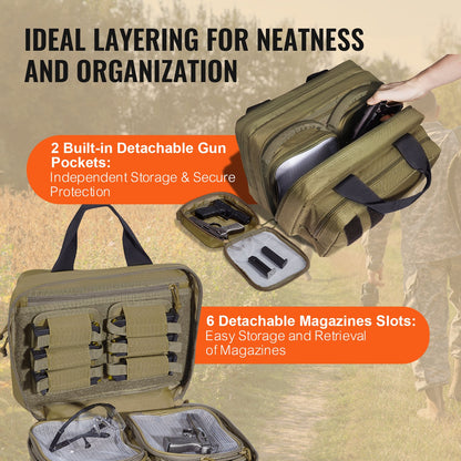 Range Bag for 2 Pistols, Tactical Gun Bag with 2 Built-in Removable Pistol Bags & 6 Detachable Magazines, Gun Range Bag for Outdoor Hunting Shooting, Lockable Carrying Handgun Bag Case, Brown