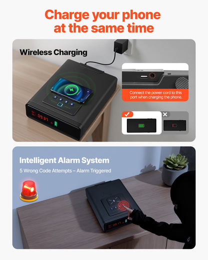 Gun Safe, Pistol Handgun Drawer Safe with Fingerprint/Password/Key, 3-Way Quick Access Firearm Case Drawer with Screen for 2 Pistols & Magazines, Wireless Charging, for Desk Bedside Nightstand