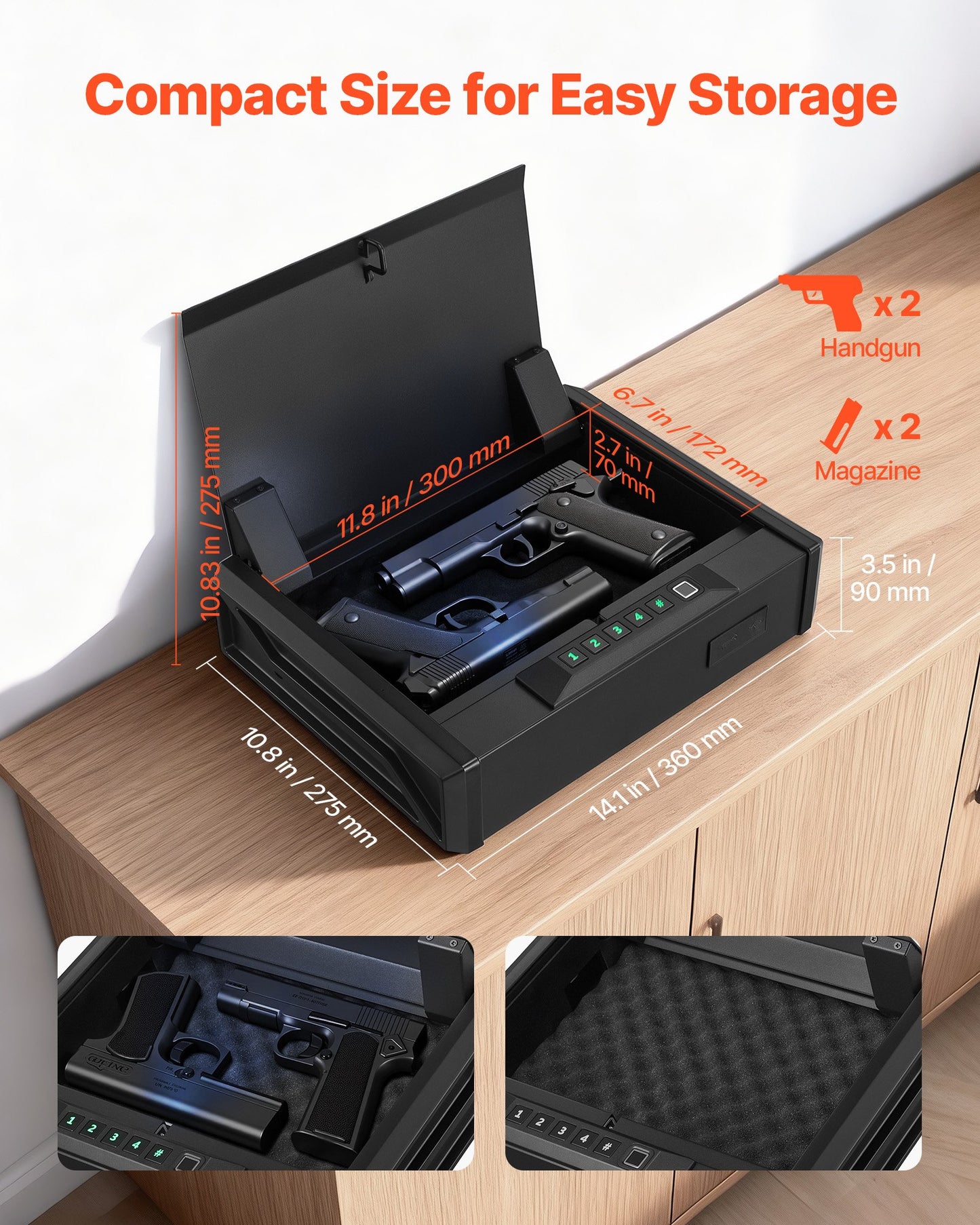 Vapenskåp, Robust vapenskåp med fingeravtryck/lösenord/nyckel, 3-vägs snabb åtkomst för vapen med belysning för 2 pistoler och 2 magasin, Pistolvapenlåda för nattduksbord, sängbord, bil