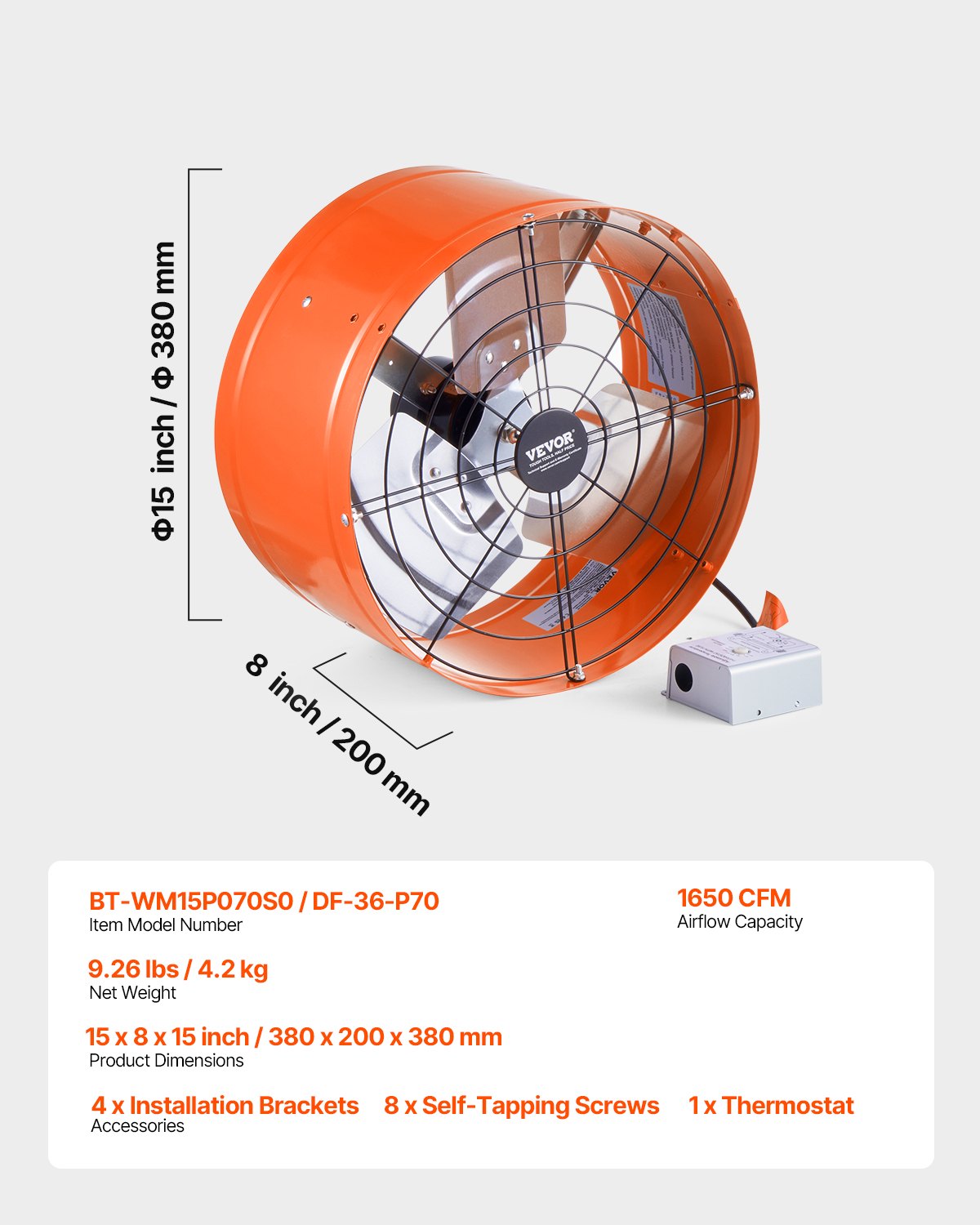 Gable Mount Fan, 15 Inch Attic Exhaust Fan with Adjustable Thermostat & Outer Mesh, 1650 CFM House Ventilator Cools Up to 2360 Sq.Ft, Quiet Ventilation for Roof, Garage & Shop, Vibrant Orange