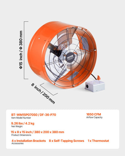 Gable Mount Fan, 15 Inch Attic Exhaust Fan with Adjustable Thermostat & Outer Mesh, 1650 CFM House Ventilator Cools Up to 2360 Sq.Ft, Quiet Ventilation for Roof, Garage & Shop, Vibrant Orange