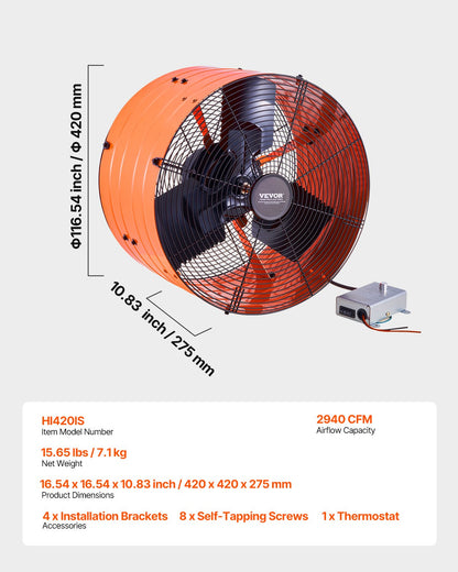 Gable Mount Fan, 16 Inch Attic Exhaust Fan with Adjustable Thermostat & Outer Mesh, 2940 CFM House Ventilator Cools Up to 4200 Sq.Ft, Quiet Ventilation for Roof, Garage & Shop, Vibrant Orange