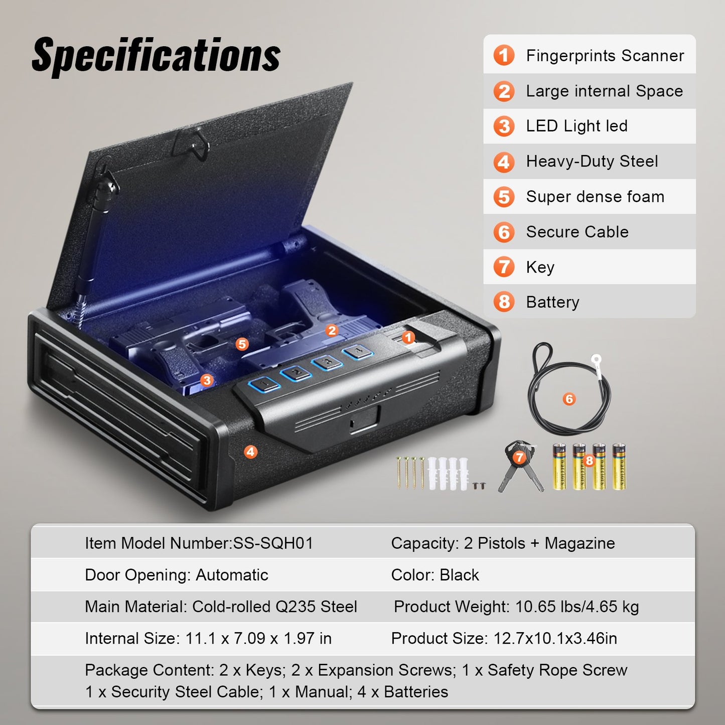 Gun Safe for Pistols Biometric Gun Safe with 3 Access Ways for 2 Pistols