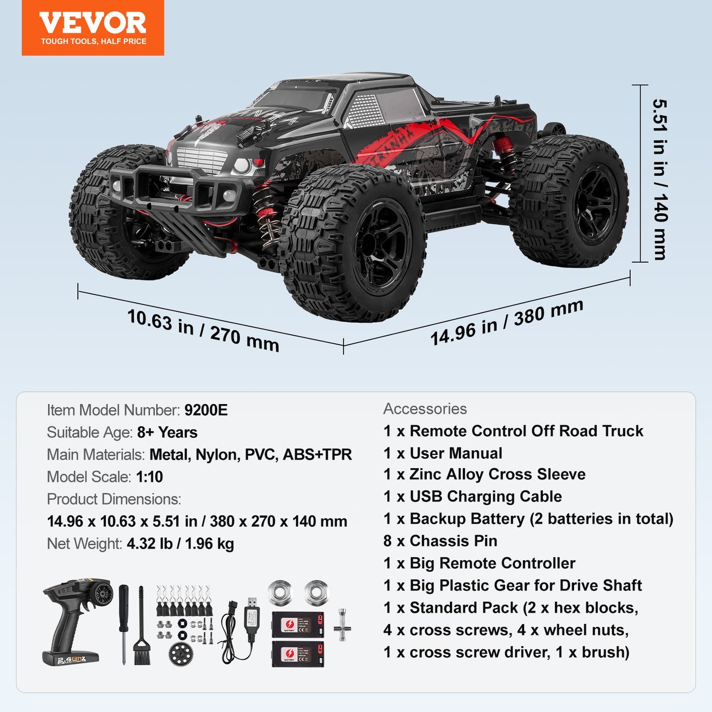 Remote Control Car, 1:10 Scale RC Car for Kids, All Terrain 4WD Off-Road Monster Truck with 45° Wheelie & 2 Batteries, 38 km/h High Speed Hobby Racing Car - Ideal Gift for 8+ Years Kids, IPX4