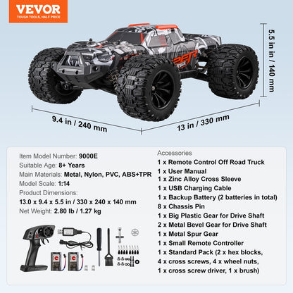 Remote Control Car, 1:14 Scale RC Car for Kids, All Terrain 4WD Off-Road Monster Truck with 45° Wheelie & 2 Batteries, 38 km/h High Speed Hobby Racing Car - Ideal Gift for 8+ Years Kids
