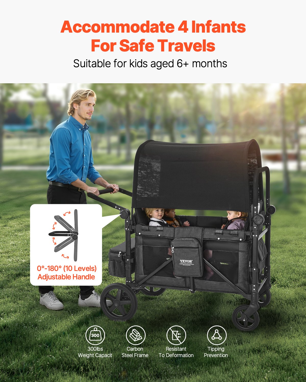 Wagon Stroller for 4 Kids, Push Pull Quad Collapsible Stroller with Adjustable Handle, Safety Harness & Removable Canopy, 4-Seater Stroller Wagon for Camping, Dark Gray & Black (330LBS Loading)