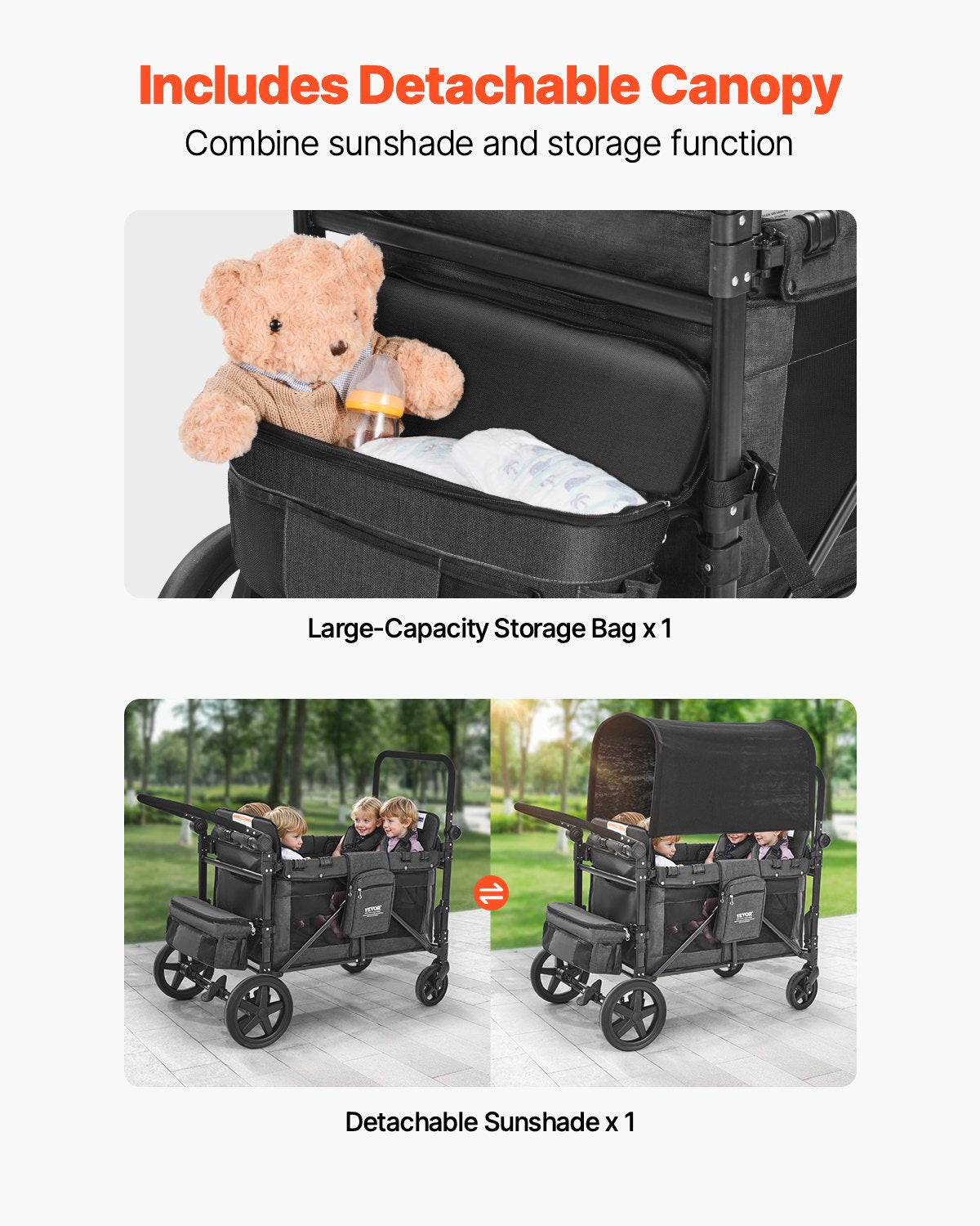 Wagon Stroller for 4 Kids, Push Pull Quad Collapsible Stroller with Adjustable Handle, Safety Harness & Removable Canopy, 4-Seater Stroller Wagon for Camping, Dark Gray & Black (330LBS Loading)