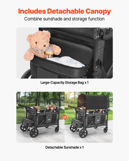 Wagon Stroller for 4 Kids, Push Pull Quad Collapsible Stroller with Adjustable Handle, Safety Harness & Removable Canopy, 4-Seater Stroller Wagon for Camping, Dark Gray & Black (330LBS Loading)