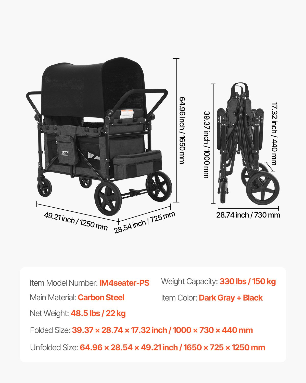 Wagon Stroller for 4 Kids, Push Pull Quad Collapsible Stroller with Adjustable Handle, Safety Harness & Removable Canopy, 4-Seater Stroller Wagon for Camping, Dark Gray & Black (330LBS Loading)