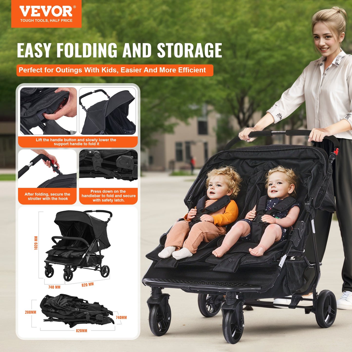 Double Stroller, Side x Side, Foldable Lightweight Twin Stroller with Tandem Seating, Adjustable Footrest/Rotating Handle, Wrap-Around Safety Harness,Storage Basket,for Newborn & Toddler (Black)