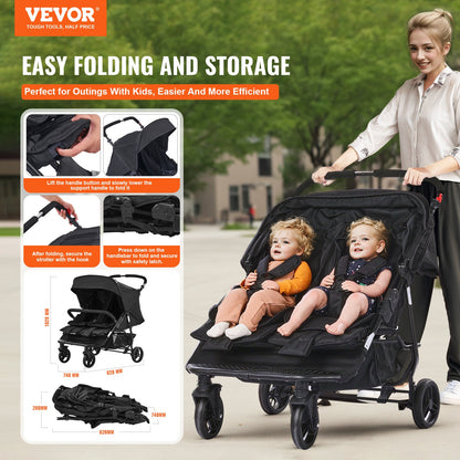 Double Stroller, Side x Side, Foldable Lightweight Twin Stroller with Tandem Seating, Adjustable Footrest/Rotating Handle, Wrap-Around Safety Harness,Storage Basket,for Newborn & Toddler (Black)