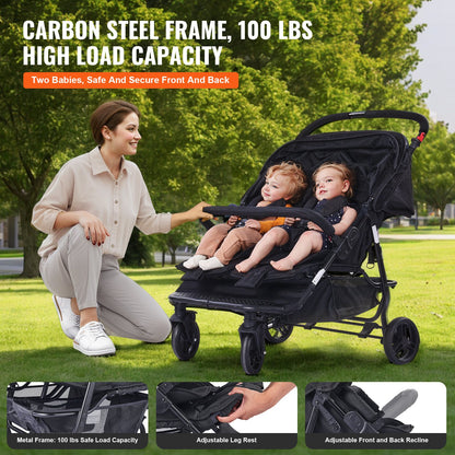Double Stroller, Side x Side, Foldable Lightweight Twin Stroller with Tandem Seating, Adjustable Footrest/Rotating Handle, Wrap-Around Safety Harness,Storage Basket,for Newborn & Toddler (Black)