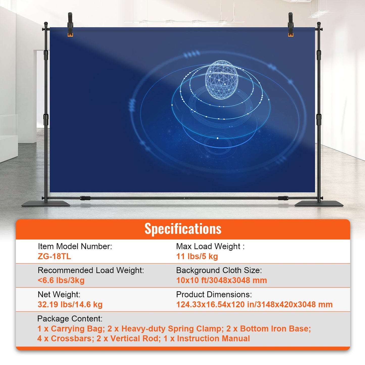 304,8 x 304,8 cm rör- och draperisats, kraftigt bakgrundsstativ med kolstålsbas, justerbart bakgrundsstöd med 6 klämmor och en bärväska för bröllop, fest, evenemang, fotografering och utställning