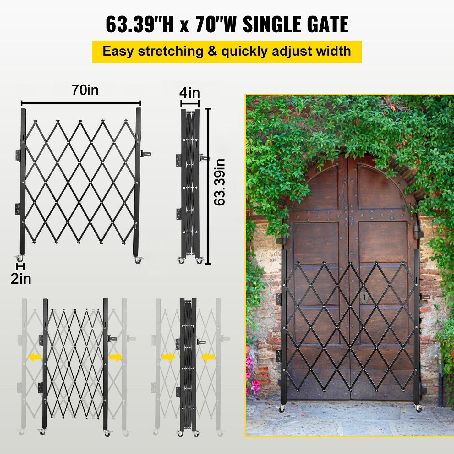 Single Folding Security Gate, 180 × 155 cm(W × H) Folding Door Gate, Steel Accordion Security Gate, Flexible Expanding Security Gate, 360° Rolling Barricade Gate, Scissor Gate/Door with Padlock