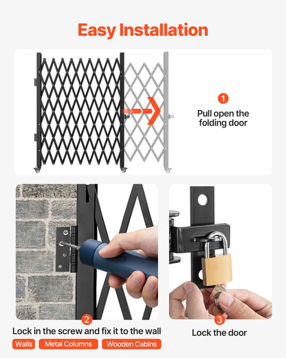 Single Folding Security Gate, 198 cm H x 229 cm W Folding Door Gate, Steel Accordion Security Gate, Flexible Expanding Security Gate, 360° Rolling Barricade Gate, Scissor Gate/Door with Padloc