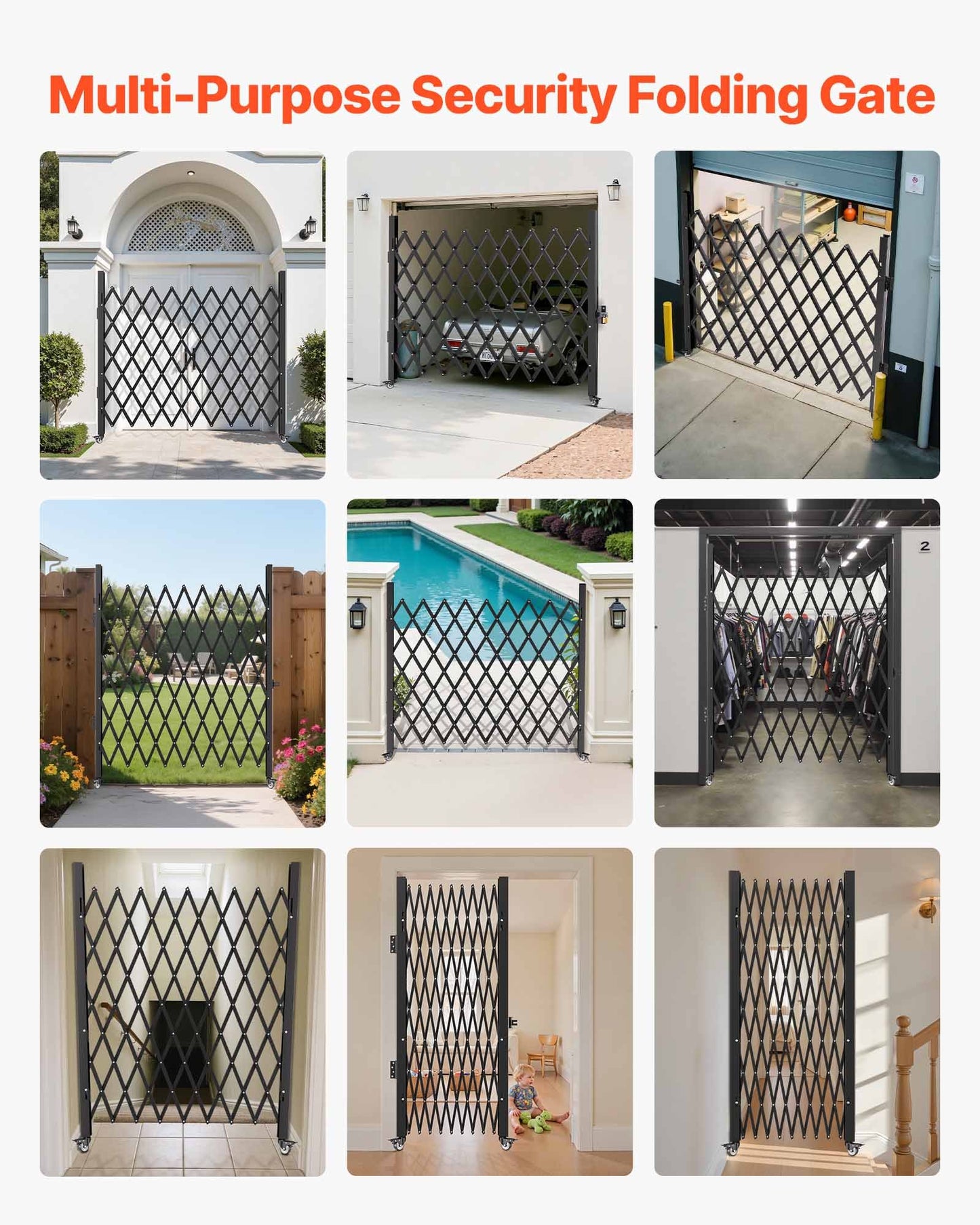 Single Folding Security Gate, 198 cm H x 229 cm W Folding Door Gate, Steel Accordion Security Gate, Flexible Expanding Security Gate, 360° Rolling Barricade Gate, Scissor Gate/Door with Padloc