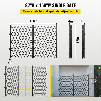 Double Folding Security Gate, 382 × 214 cm(W × H) W Folding Door Gate, Steel Accordion Security Gate, Flexible Expanding Security Gate, 360° Rolling Barricade Gate, Scissor Gate or Door with Keys